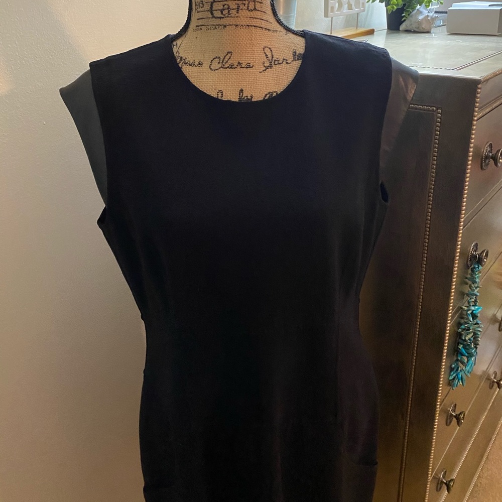 LAFAYETTE 148 BLACK DRESS W/ LEATHER CAP SLEEVES